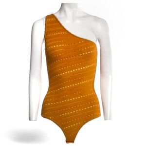 Ronny Kobo Crochet Knit One Shoulder Bodysuit
